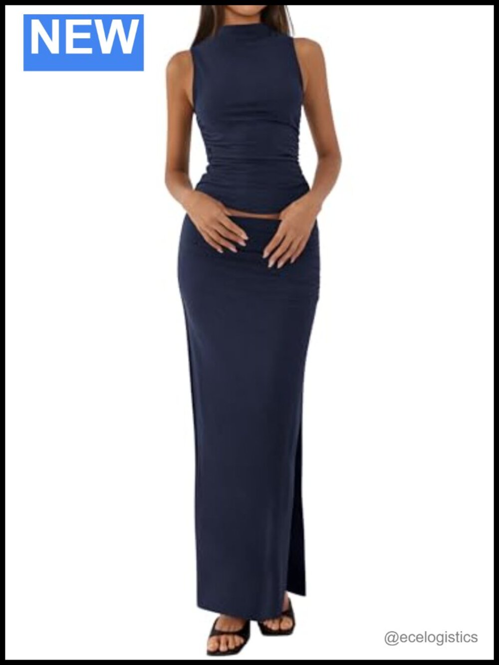 Two Piece Skirt Set Mock Neck Sleeveless Top Side Slit Maxi Skirt